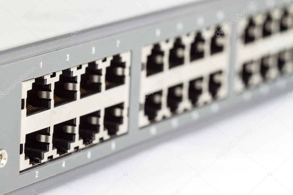 Close-up of enterprise network switches and ethernet ports