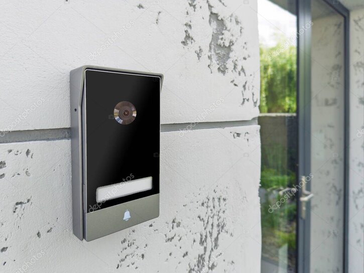 Person pressing a smart video doorbell at a front door